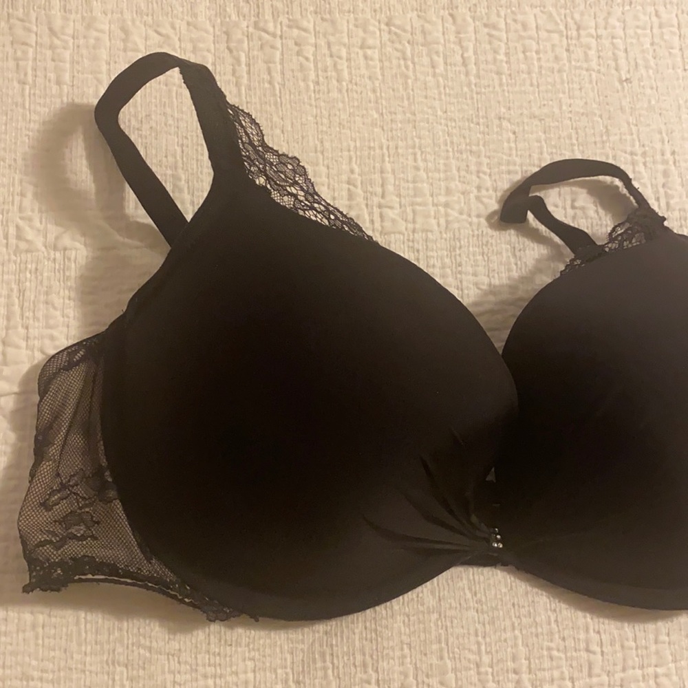 Black lace push up plunge bra with rhinestone detailing / 38C